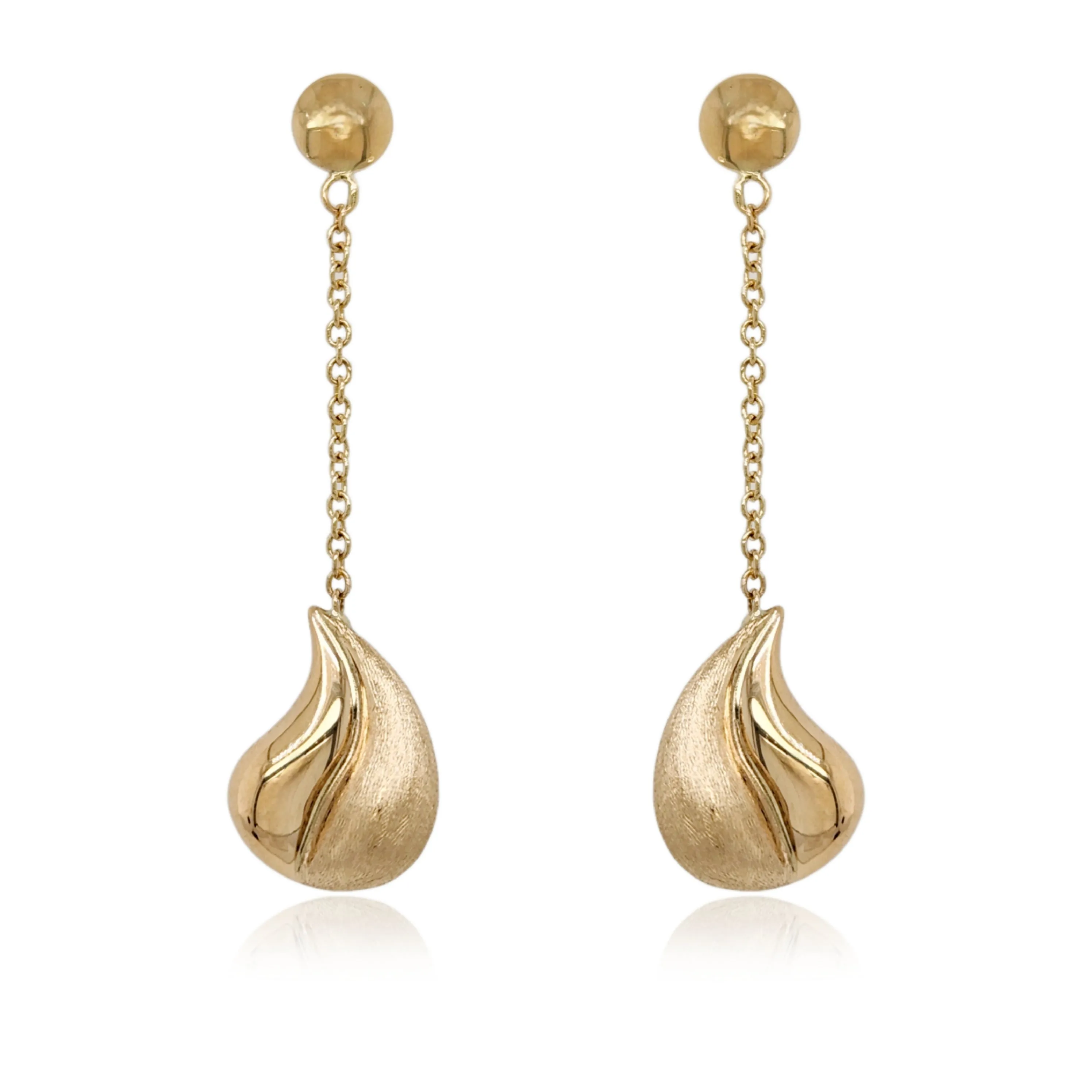 14K Gold Dangling Brushed and Shiny Teardrop Earrings