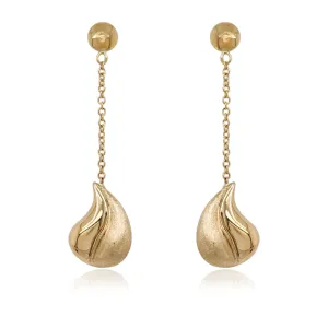 14K Gold Dangling Brushed and Shiny Teardrop Earrings