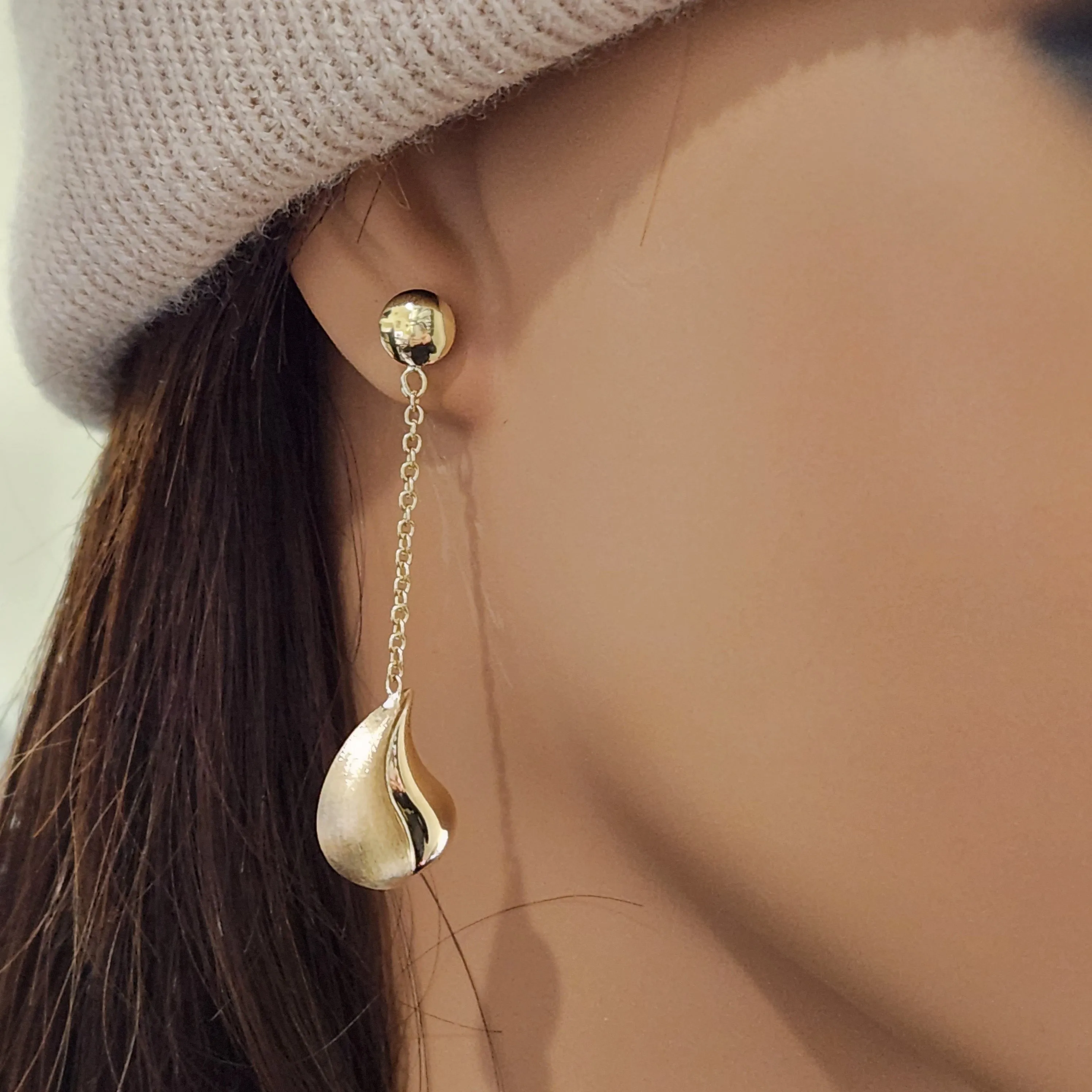 14K Gold Dangling Brushed and Shiny Teardrop Earrings