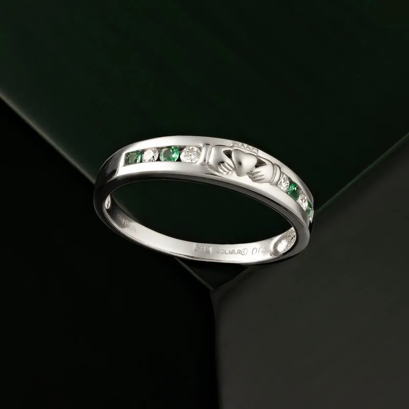 14K White Gold Diamond Emerald Claddagh Ring