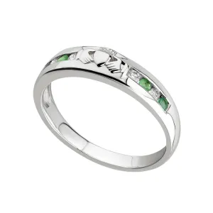 14K White Gold Diamond Emerald Claddagh Ring