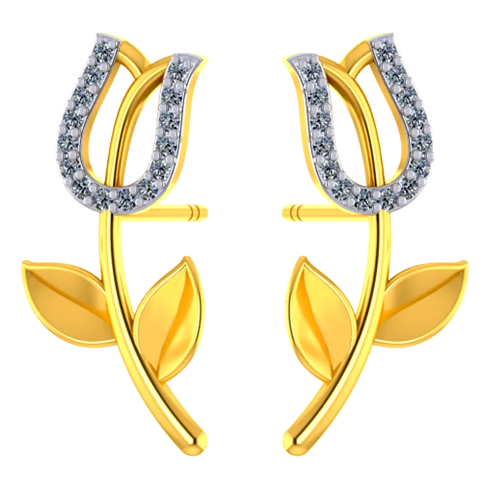 18k Diamond Earrings With Floral Design And Leafy Detailing