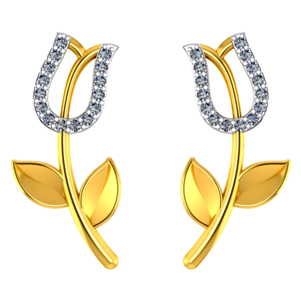 18k Diamond Earrings With Floral Design And Leafy Detailing