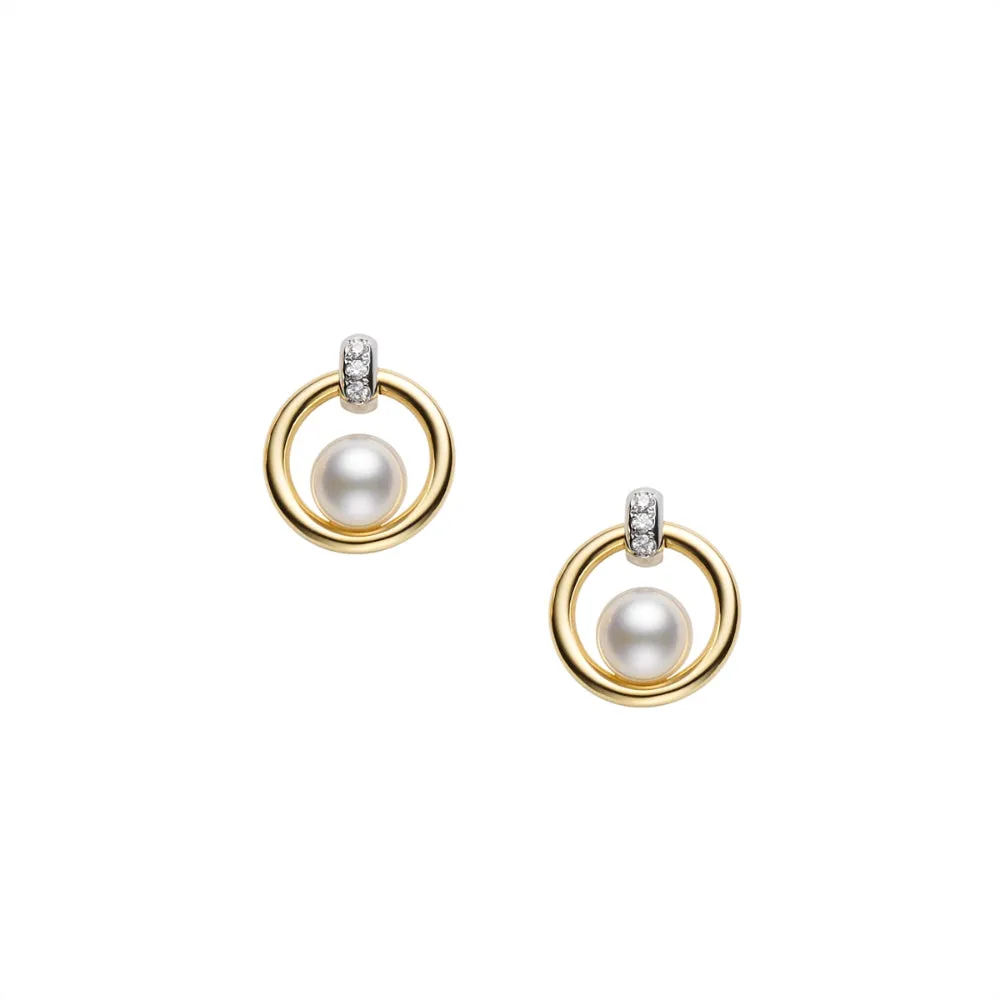 18K Gold Akoya Cultured Pearl and Diamond Circle Earrings