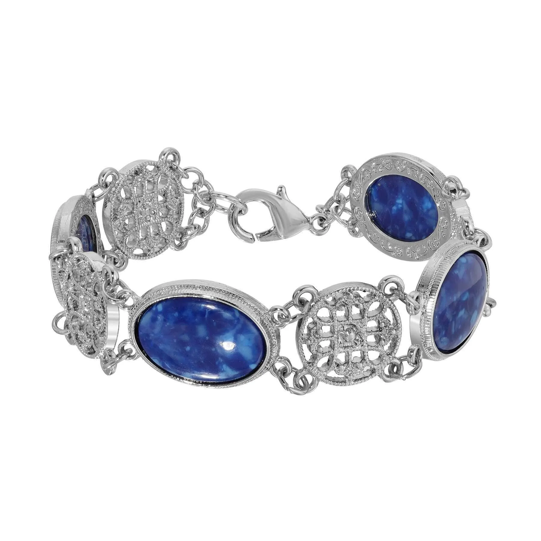 1928 Jewelry Meso Round Intricate Filigree Matrix Blue Stone Link Bracelet