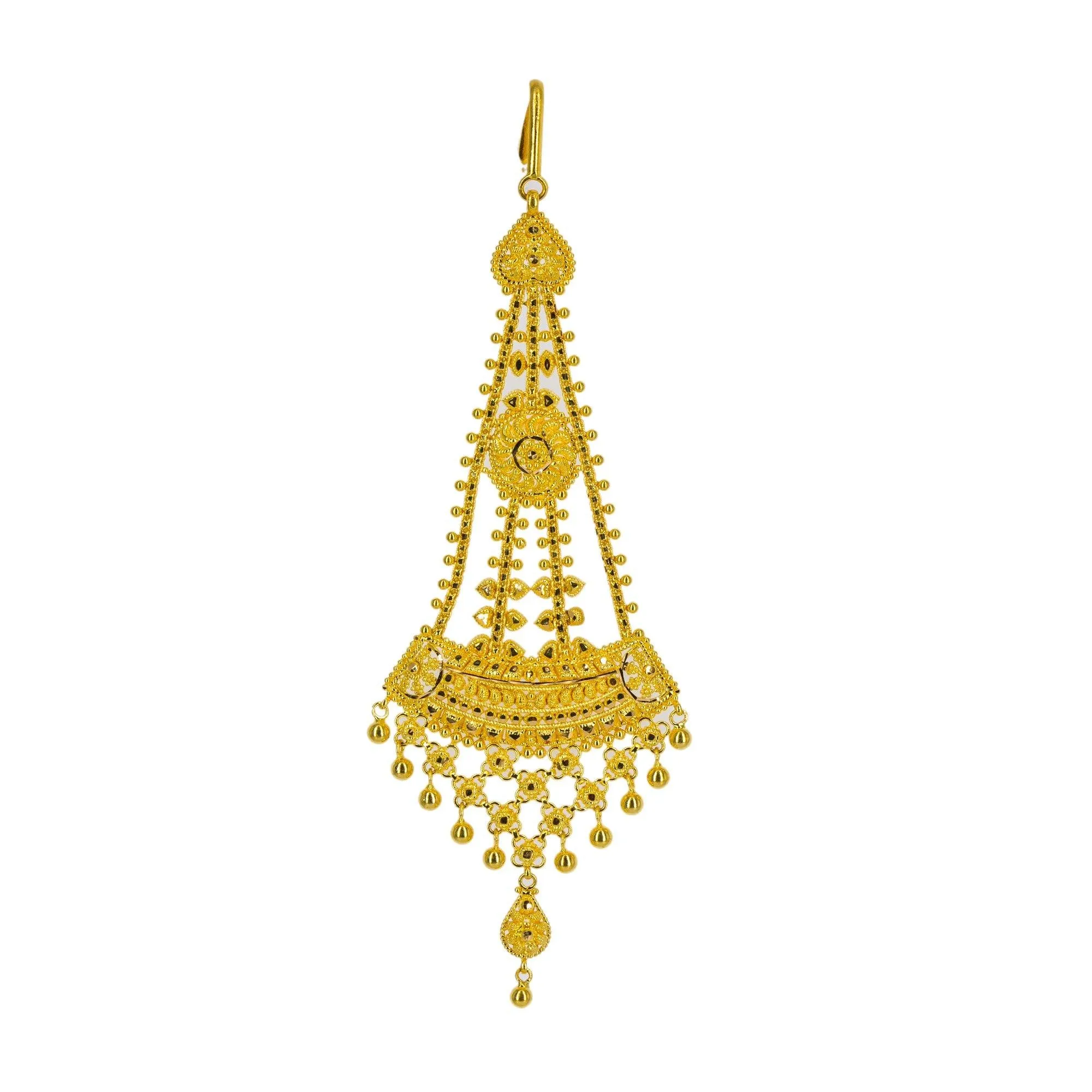 22K Yellow Gold Long Necklace & Earrings Set W/ Tikka, Nath Nose Ring & Filigree Designs