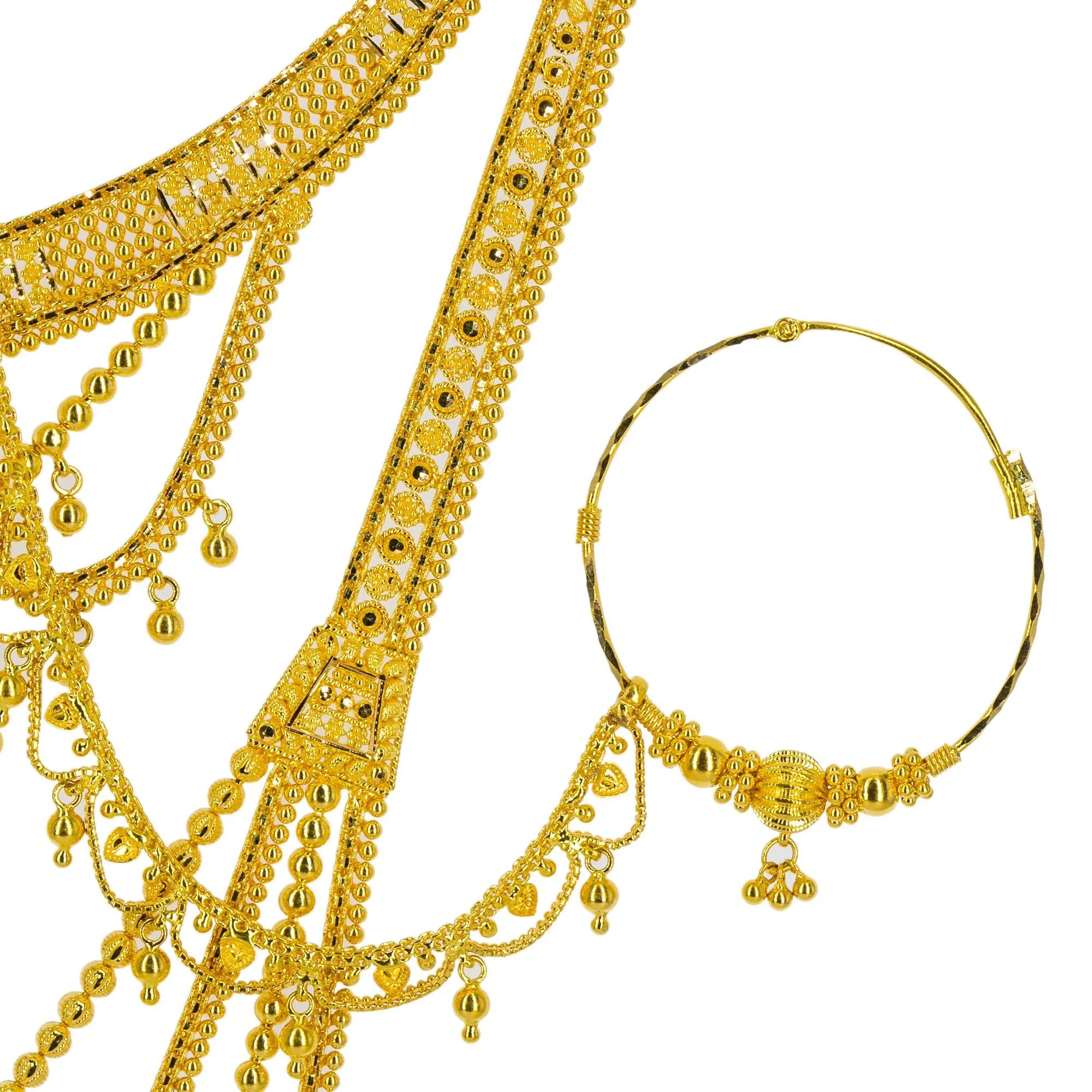 22K Yellow Gold Long Necklace & Earrings Set W/ Tikka, Nath Nose Ring & Filigree Designs