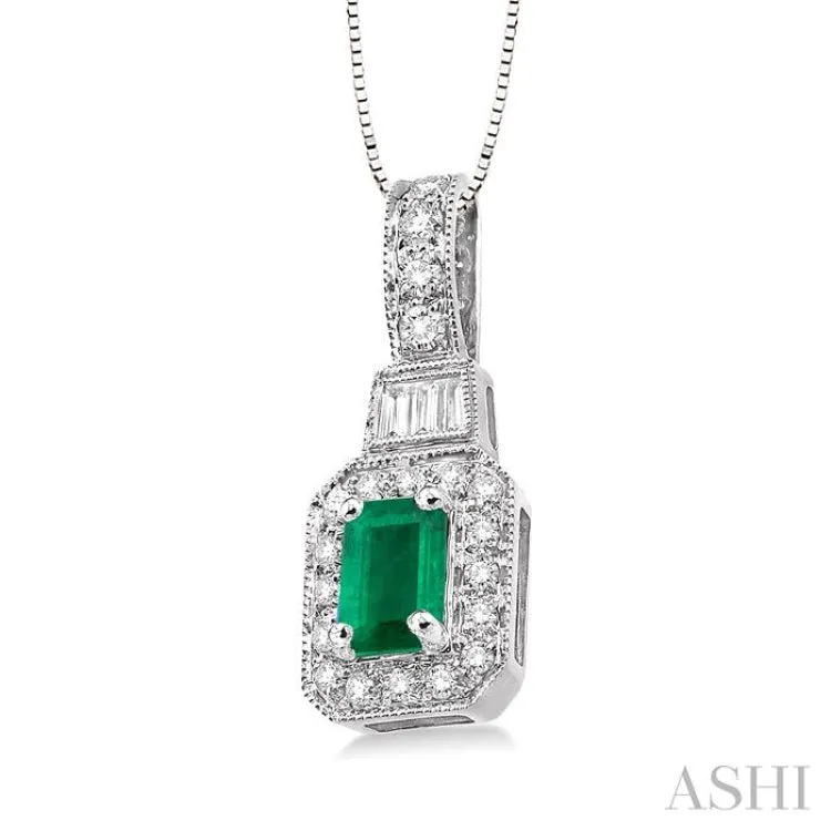 6x4 MM Emerald Shape Emerald and 1/4 Ctw Round and Baguette Cut Diamond Pendant in 14K White Gold with Chain