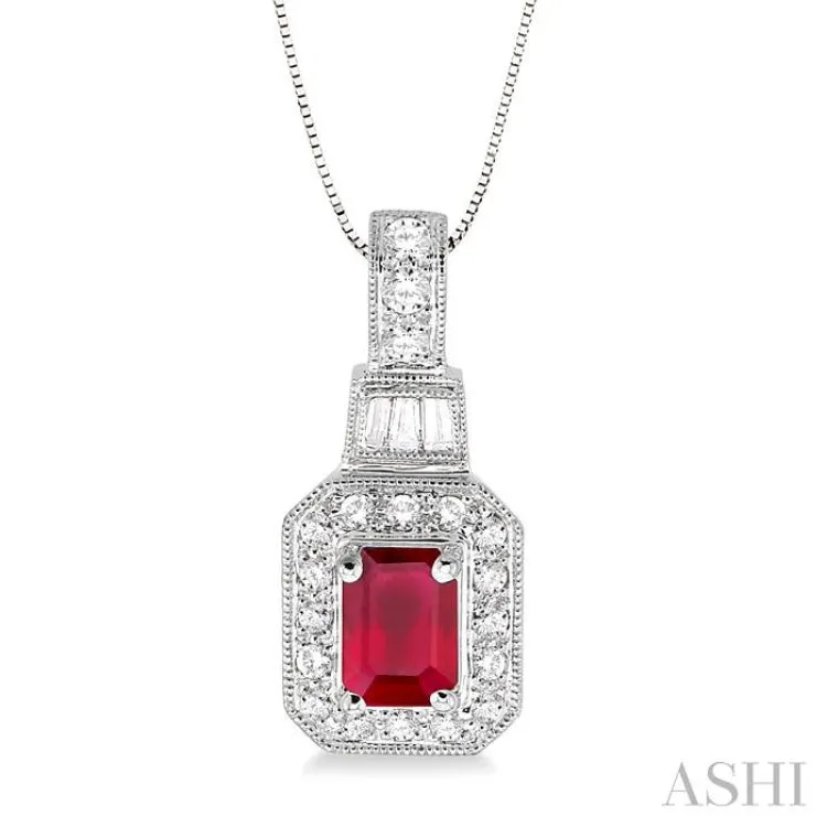 6x4 MM Emerald Shape Ruby and 1/4 Ctw Round and Baguette Cut Diamond Pendant in 14K White Gold with Chain