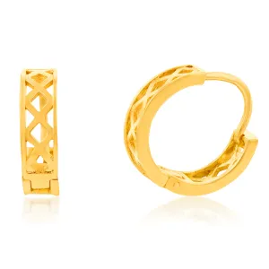 9ct Yellow Gold Inner Fretwork 10mm Huggies Earrings