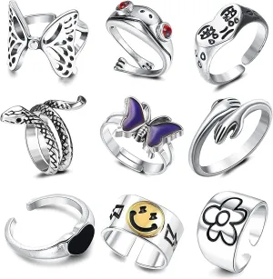 9Pcs Adjustable Open Rings Set Frog Ring Butterfly Couple Rings Snake Ring Crying Face Ring Hug Ring Set for Women Men Gothic Vintage Stackable Ring Finger Hippie Chunky Rings size 7