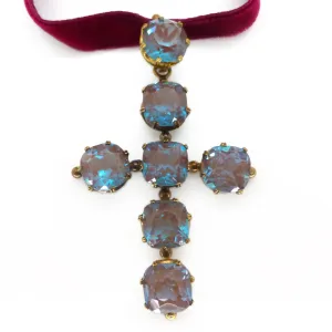 Antique Edwardian Saphiret Glass Cushion Cut Crucifix Cross Pendant Necklace