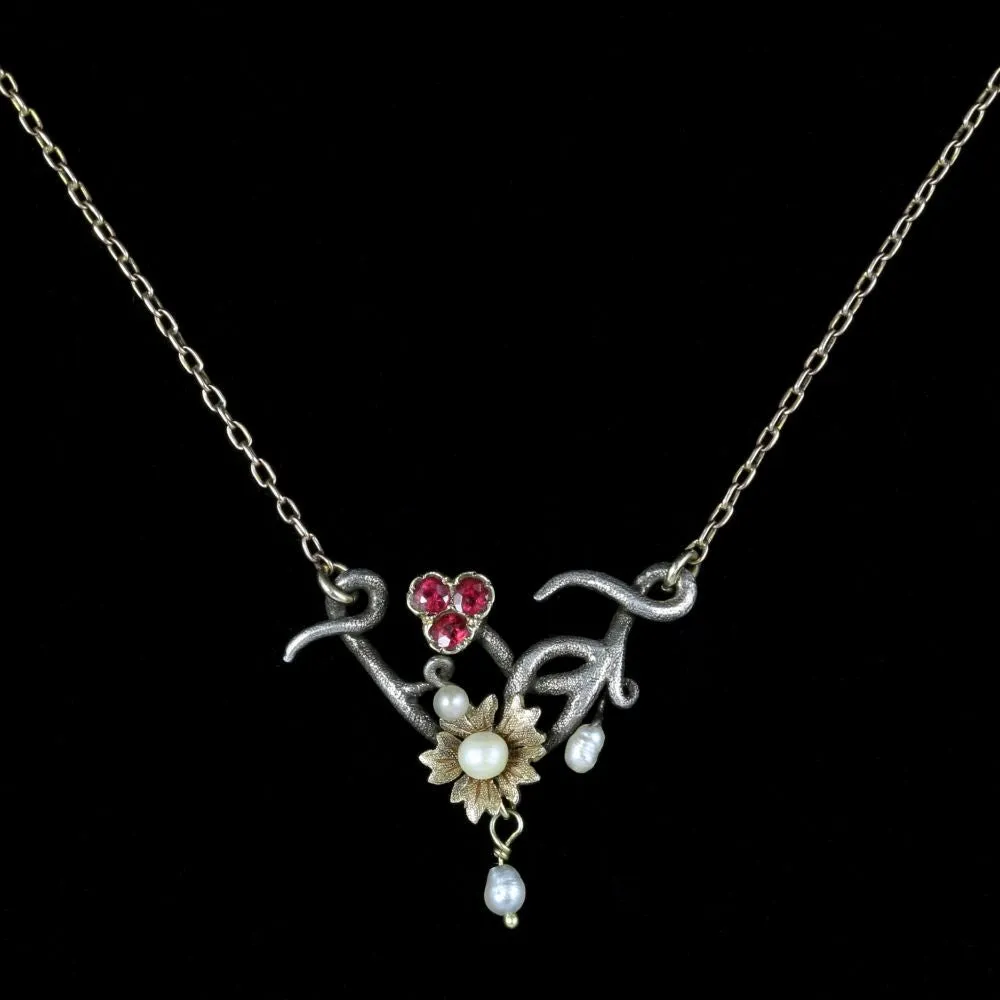 Antique Ruby Pearl Necklace Art Nouveau Silver 9Ct Gold