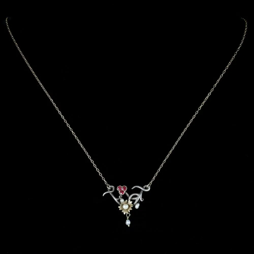 Antique Ruby Pearl Necklace Art Nouveau Silver 9Ct Gold