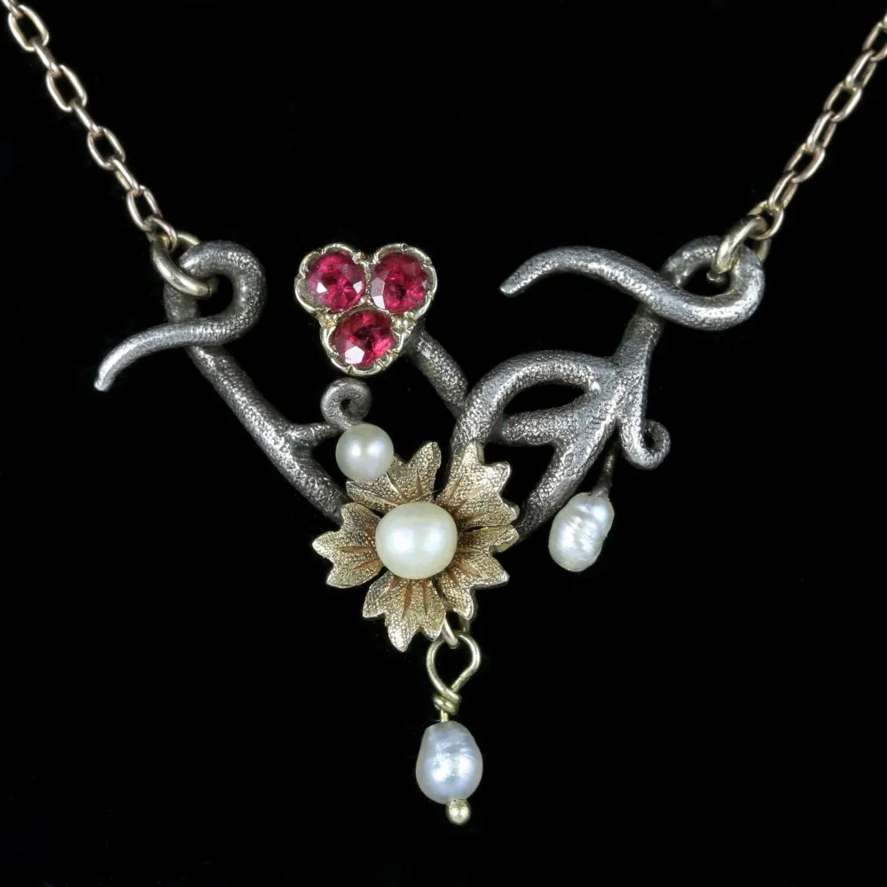 Antique Ruby Pearl Necklace Art Nouveau Silver 9Ct Gold