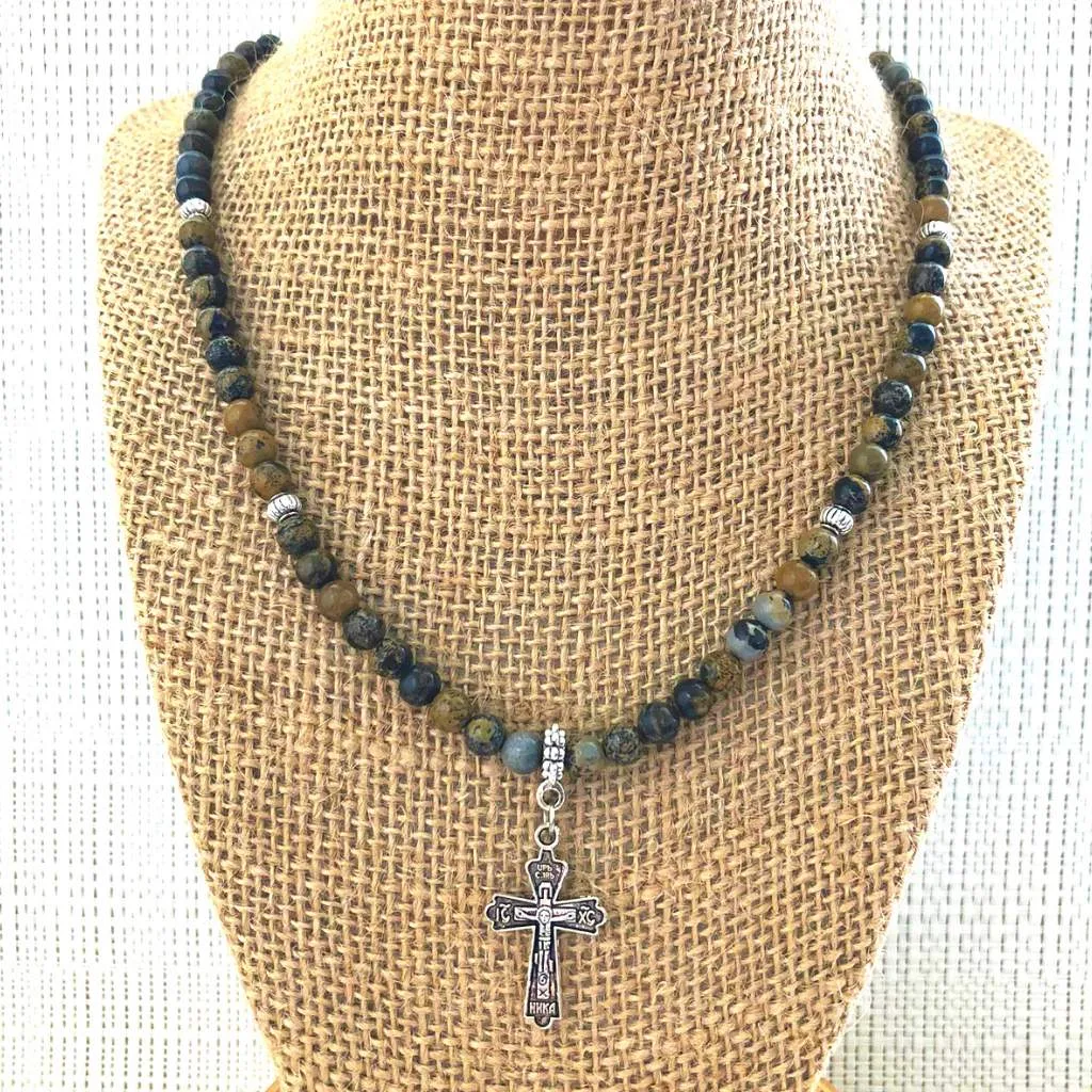 Artistic Stone Mens Brown Beaded Necklace with Silver Cross