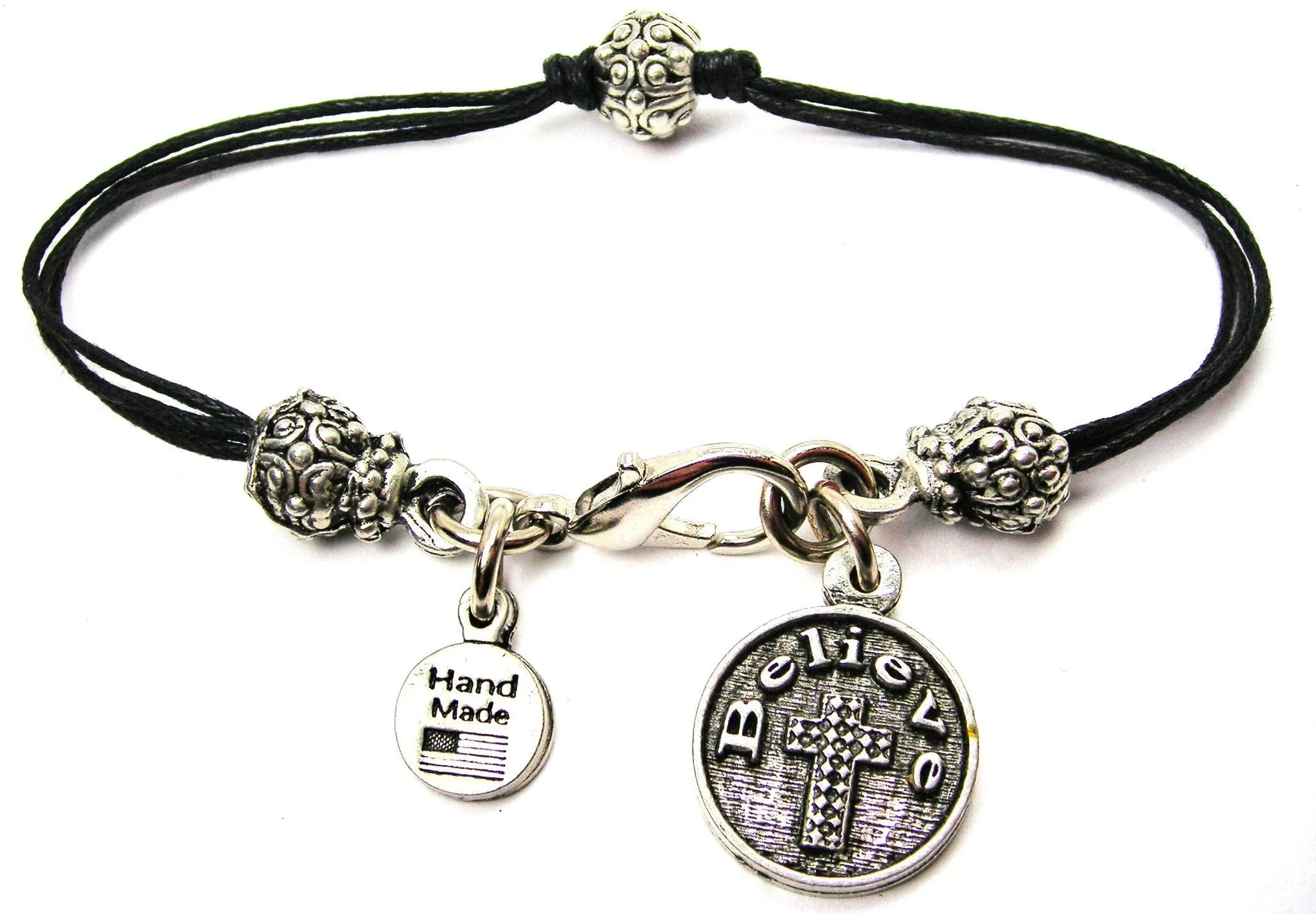 Believe With Textured Cross Beaded Black Cord Bracelet