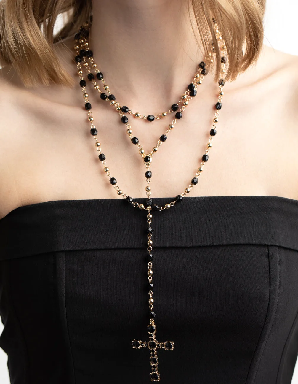 Black Beaded Cross Necklace