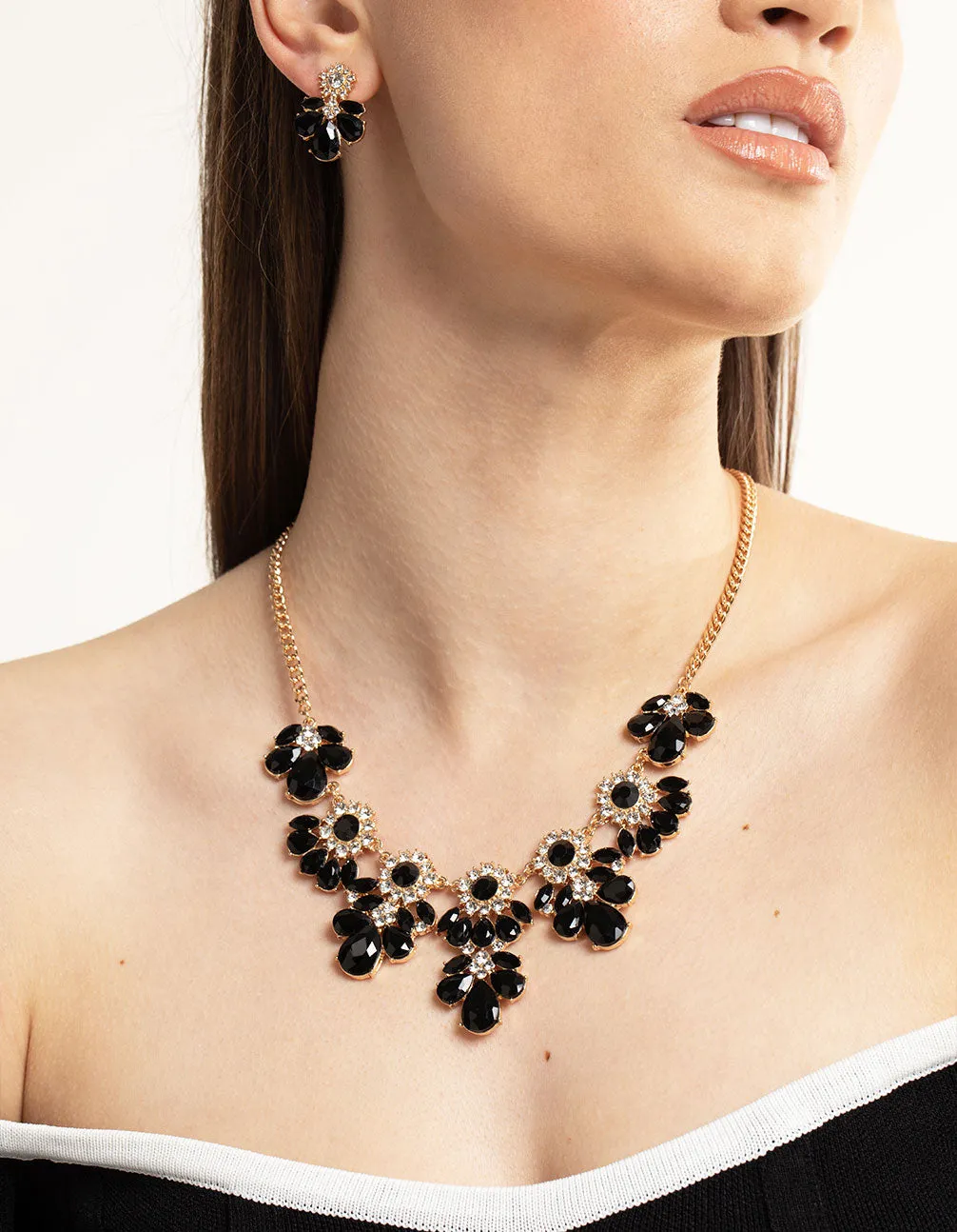 Black Mixed Stone Necklace & Earrings Set