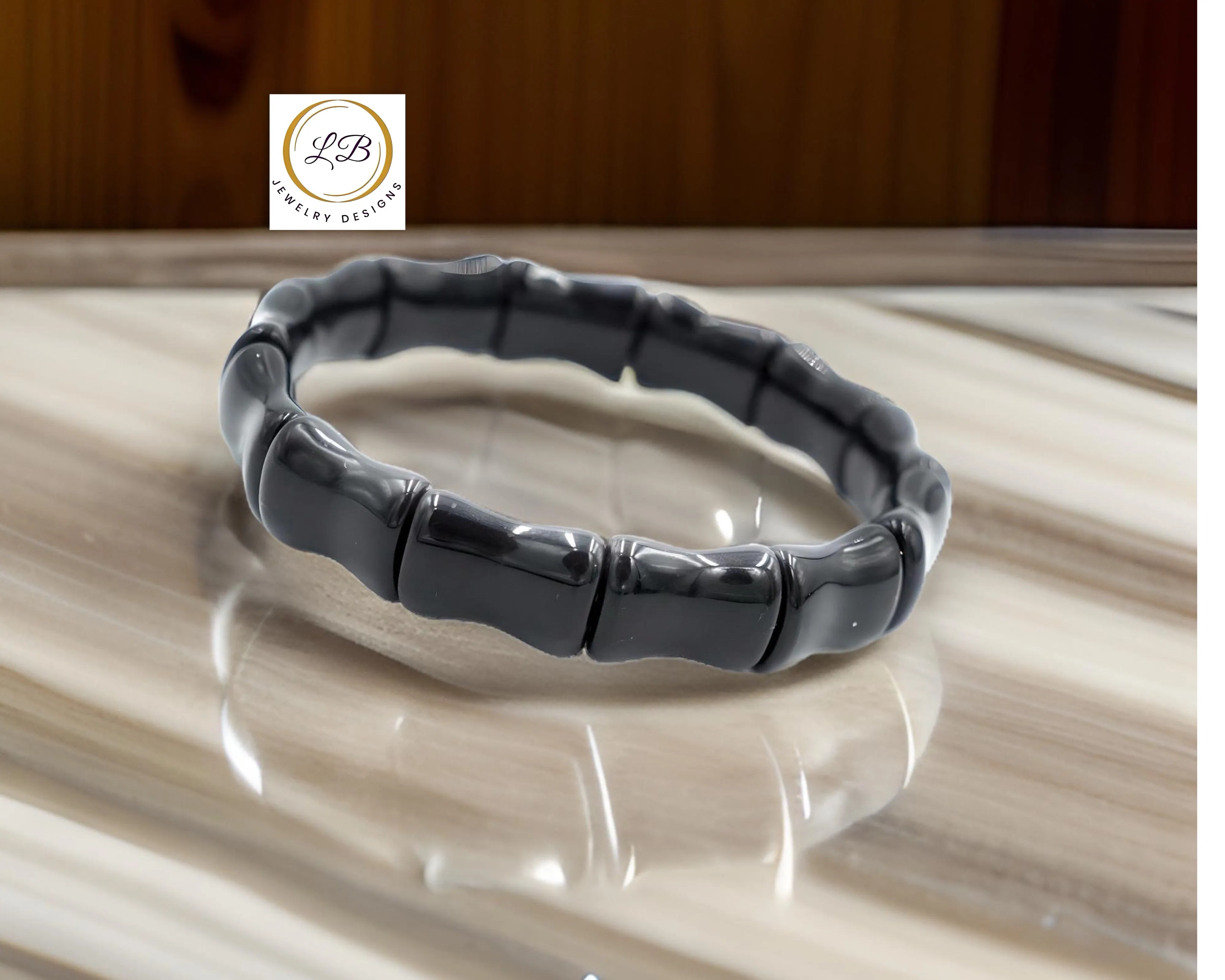 Black Onyx Gemstone Bamboo Bangle Bracelet