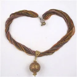 Brown & Copper Seed Bead Twisted Necklace with Gold Pendant