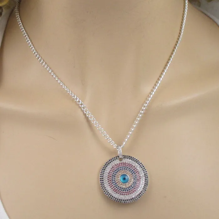 Circle Multi-stone Pendant of  Silver Chain Necklace