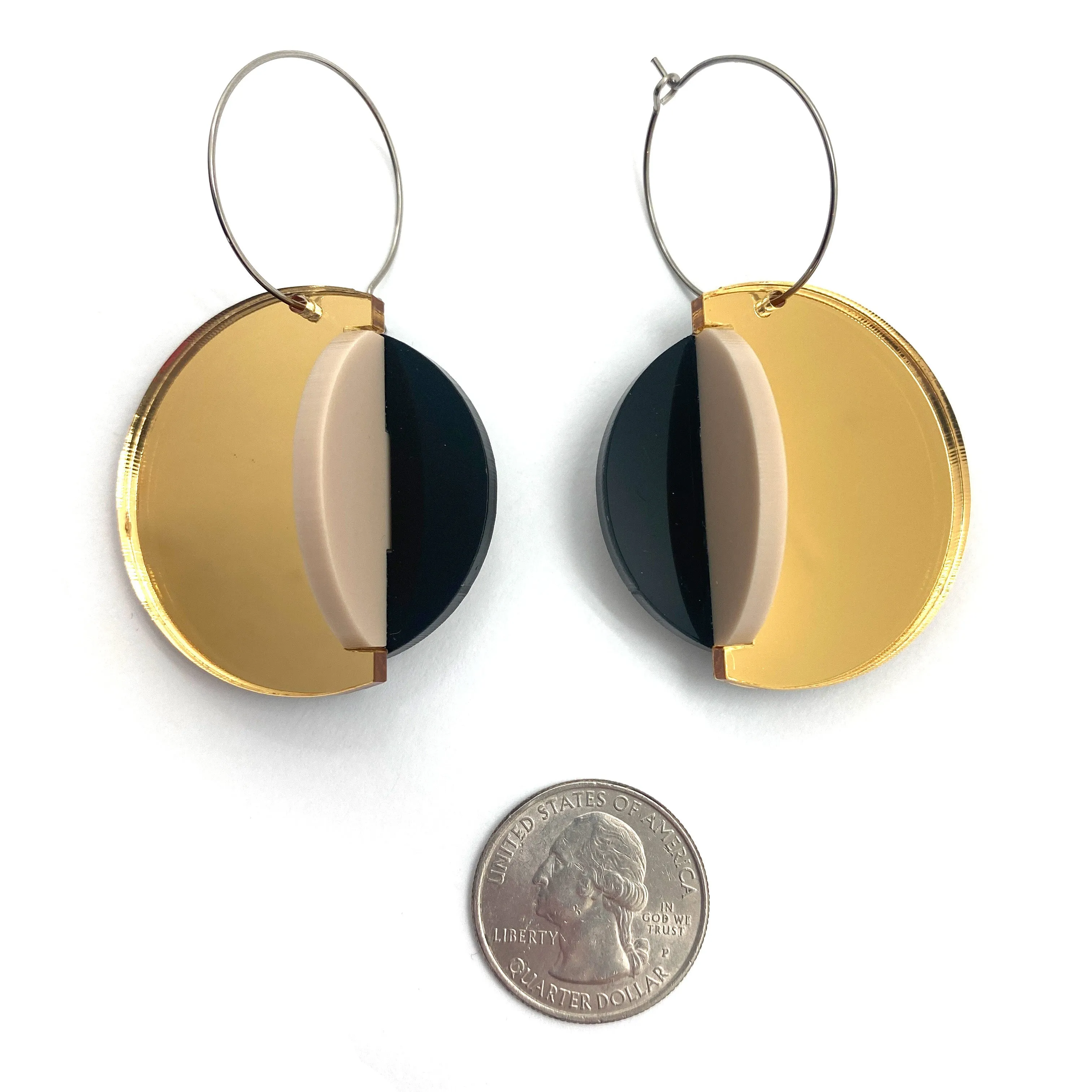 Circular Gold & Black Mirror Earrings - Large