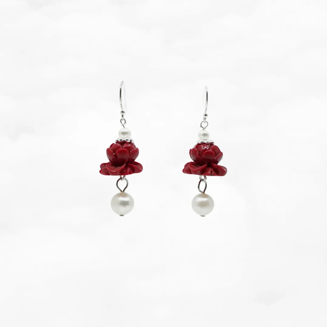 Coral Lotus Earrings - Silver Pearl