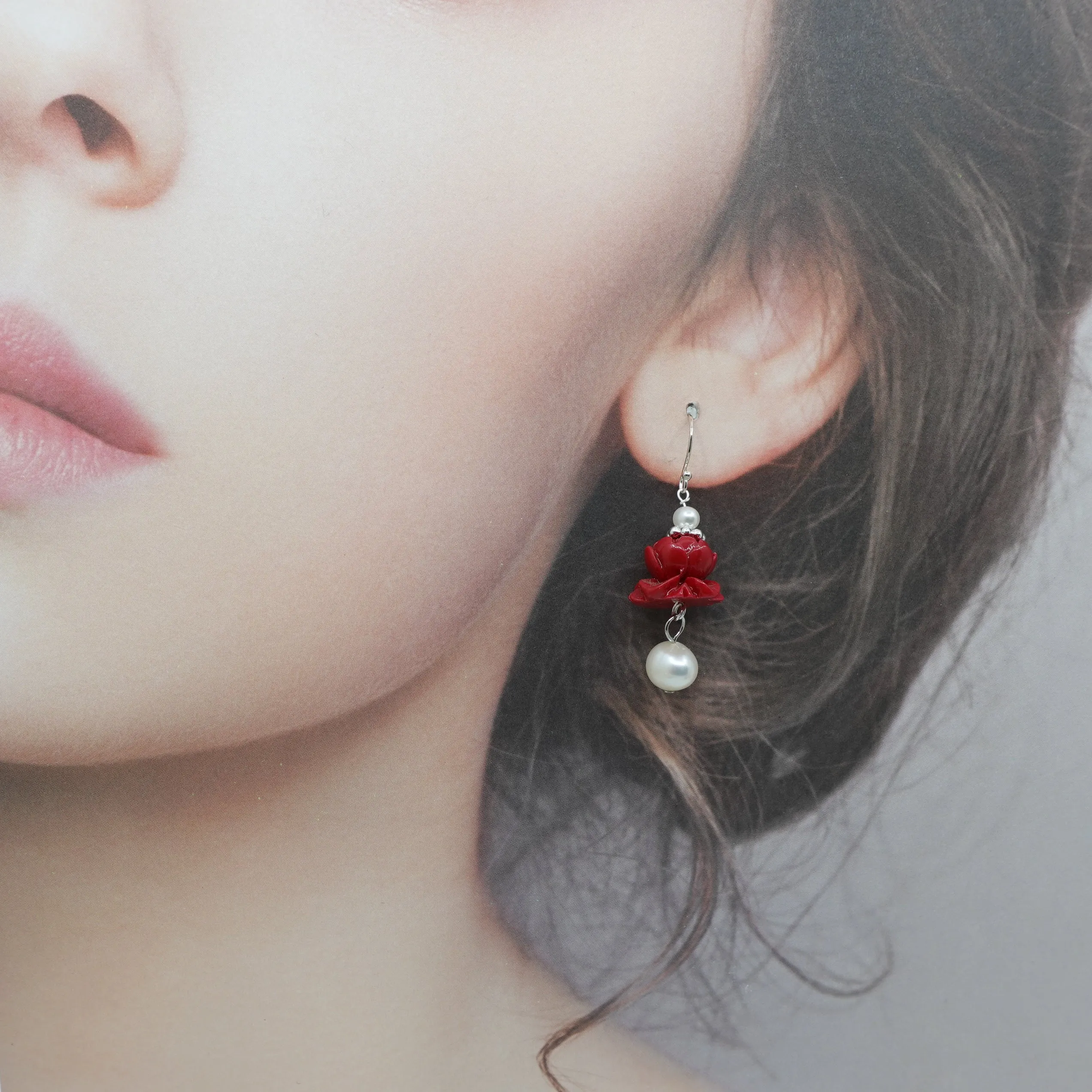 Coral Lotus Earrings - Silver Pearl