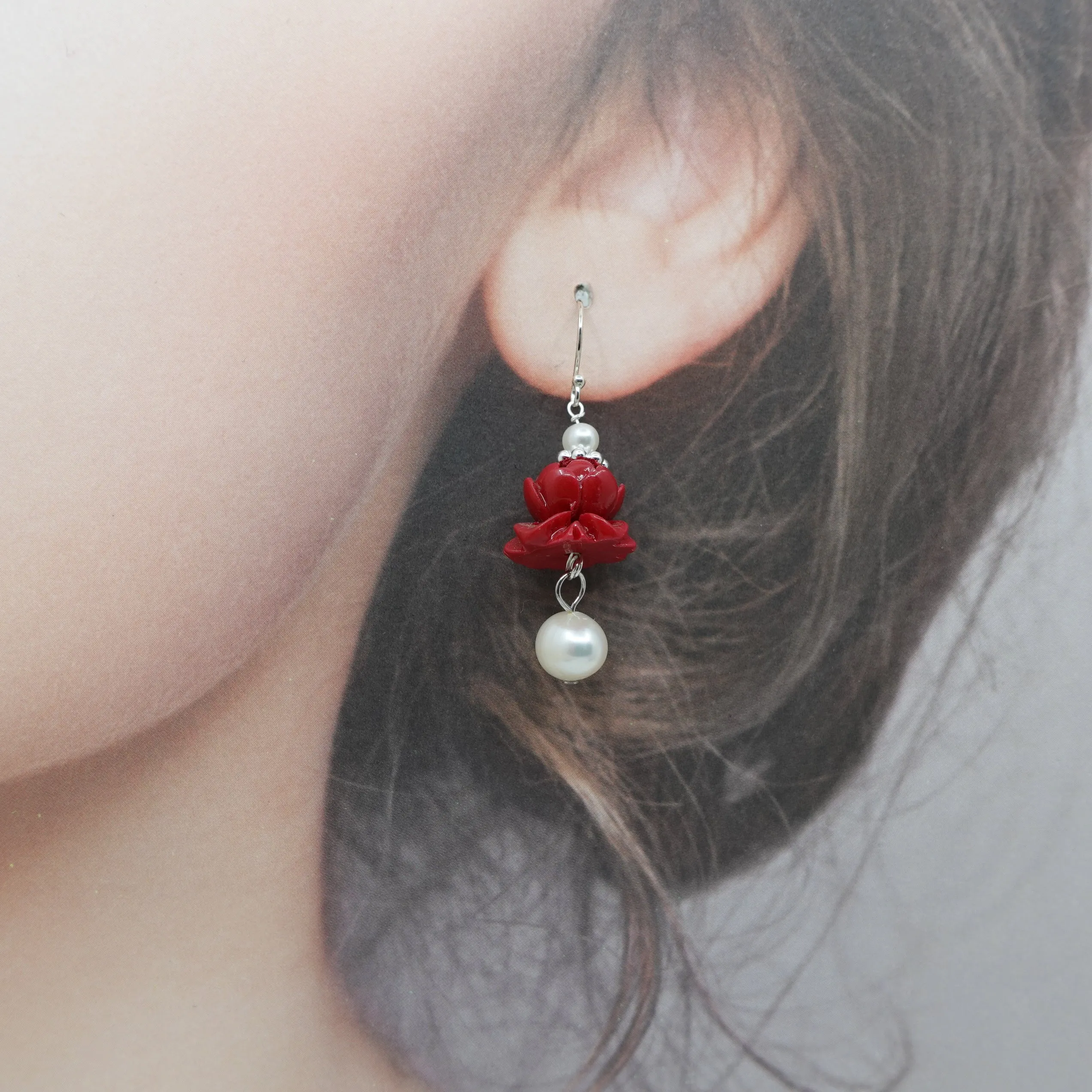 Coral Lotus Earrings - Silver Pearl