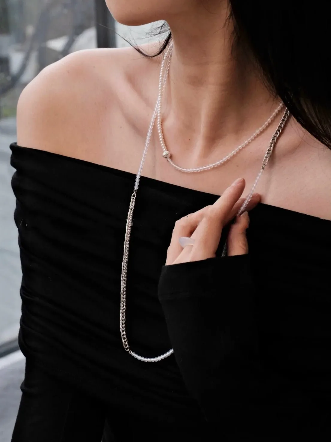 Elegant Long Chunky Chain Splicing Pearl Onyx Necklace