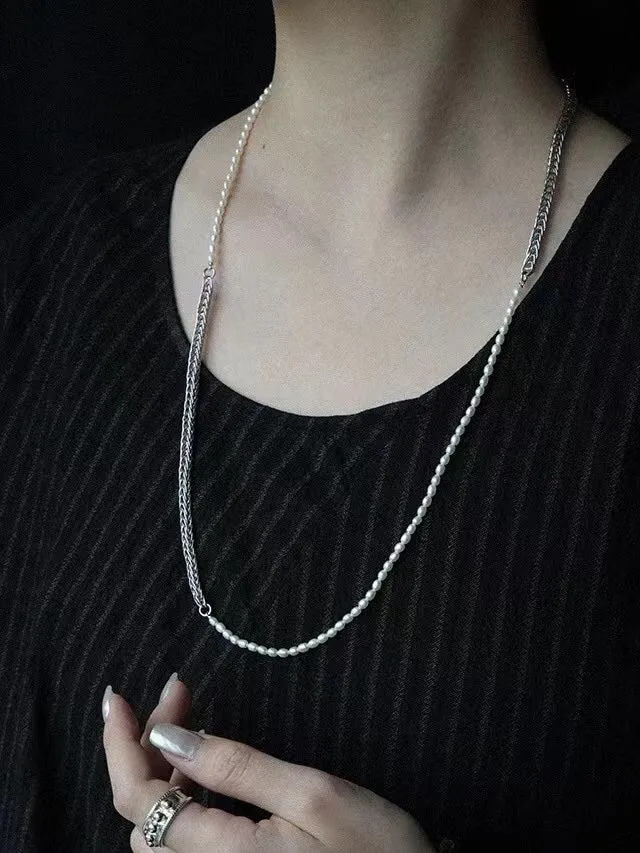 Elegant Long Chunky Chain Splicing Pearl Onyx Necklace