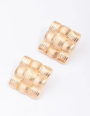 Gold Quilted Square Stud Earrings