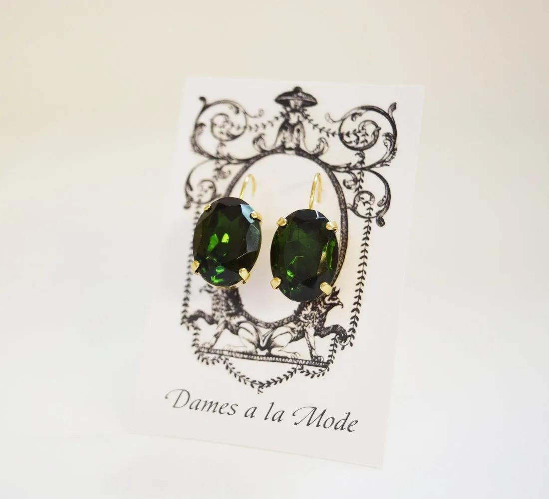 Green Tourmaline Crystal Earrings - Large Oval