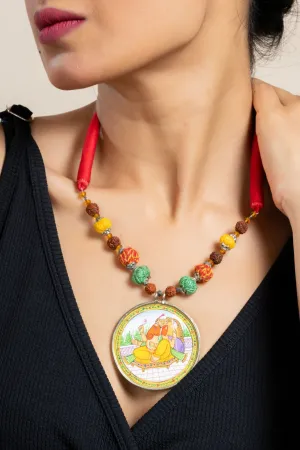 Handmade Yellow Miniature Handpainted Ganesha Pendant with Red Green Yellow Cotton Beads Necklace