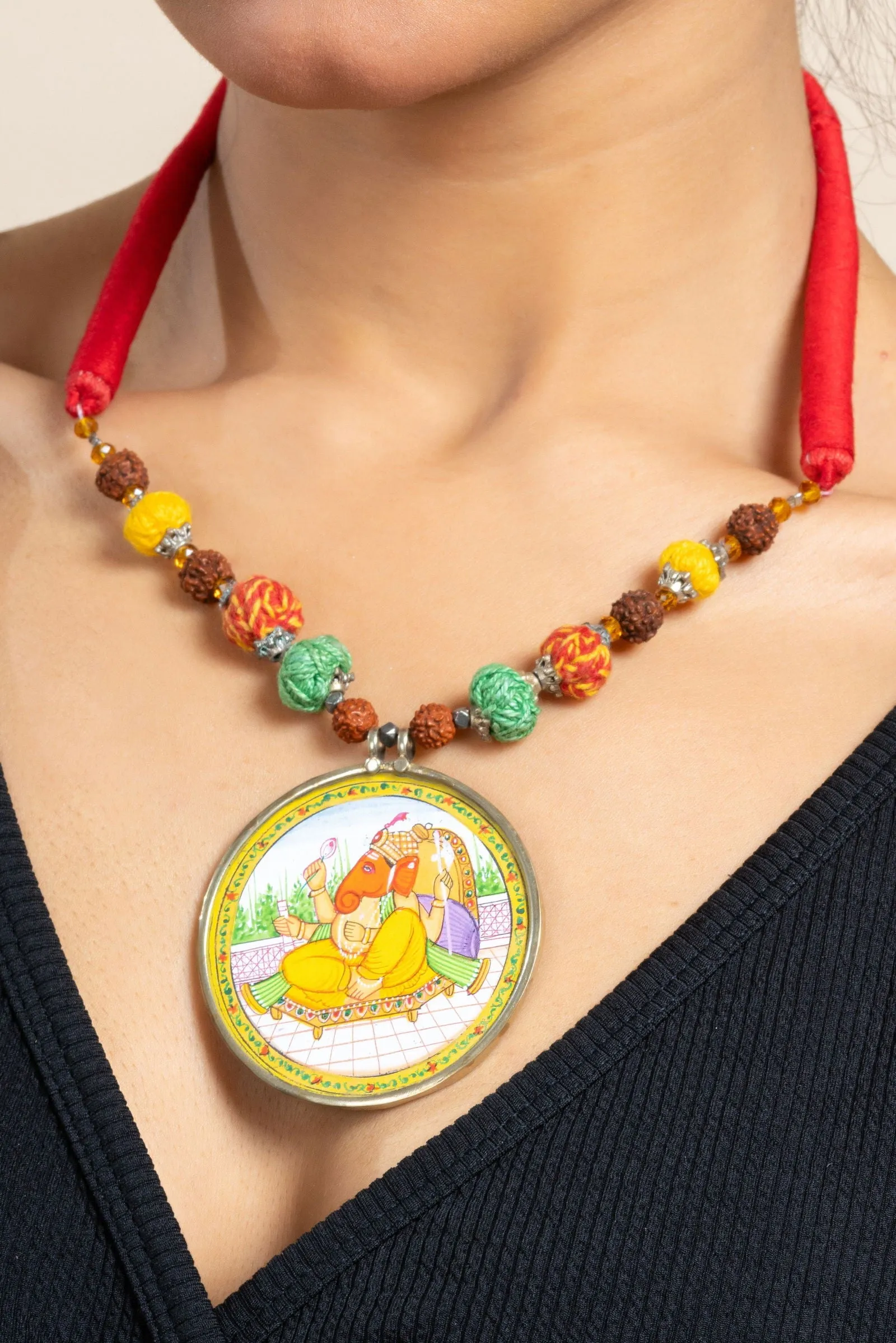 Handmade Yellow Miniature Handpainted Ganesha Pendant with Red Green Yellow Cotton Beads Necklace