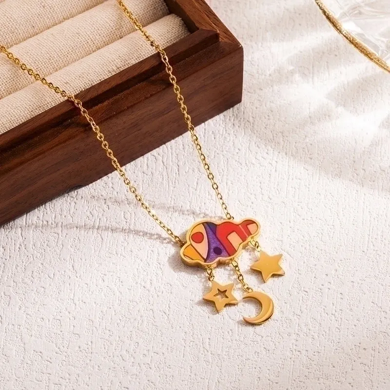 Ig Style Artistic Clouds Star Moon Stainless Steel Enamel 18k Gold Plated Pendant Necklace