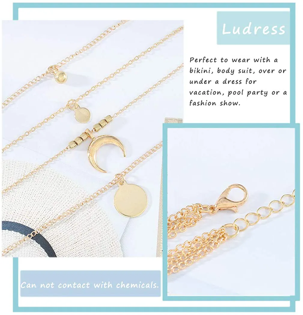 Ludress Boho Layered Necklace Gold Rhinestone Pendant Necklaces Butterfly Moon Choker Neck Jewelry Accessories for Women and Girls