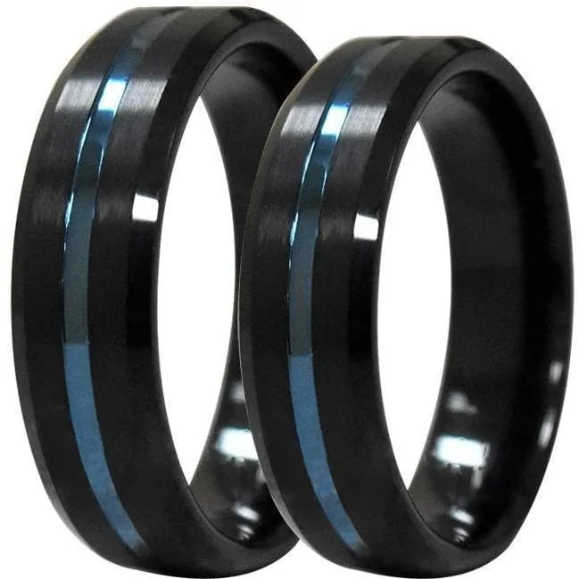 Marquise Beveled Black Tungsten Wedding Band Set With Blue Grooved Center  6mm & 8mm