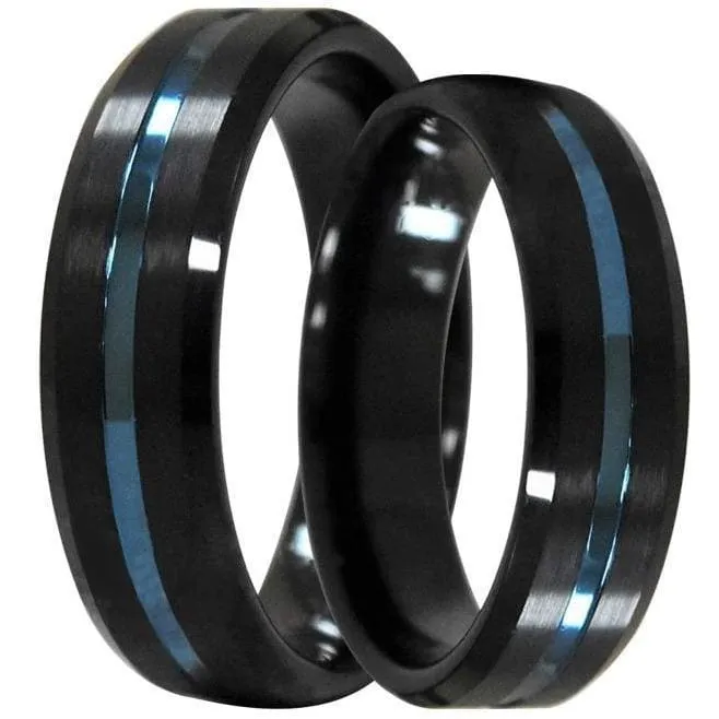 Marquise Beveled Black Tungsten Wedding Band Set With Blue Grooved Center  6mm & 8mm