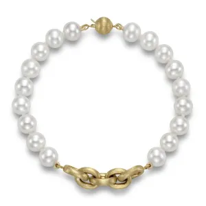 Mastoloni 14k Yellow Gold White Freshwater Pearl and Textured Link Bracelet