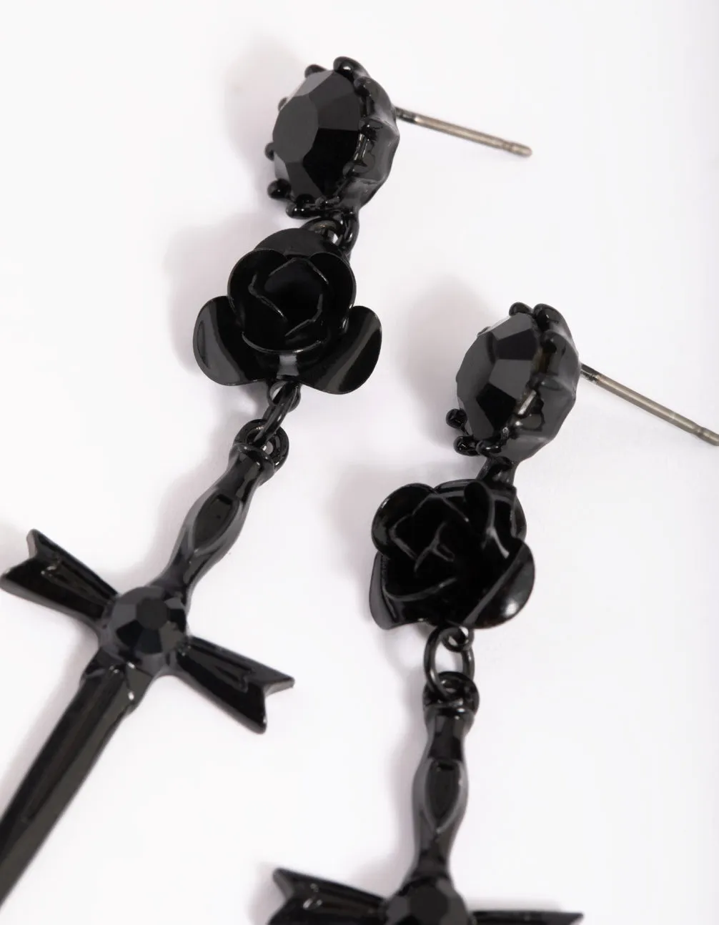 Matte Black Rose & Sword Drop Earrings