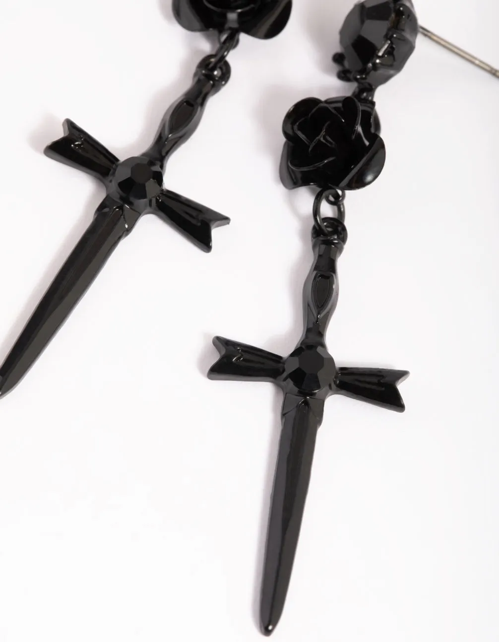 Matte Black Rose & Sword Drop Earrings