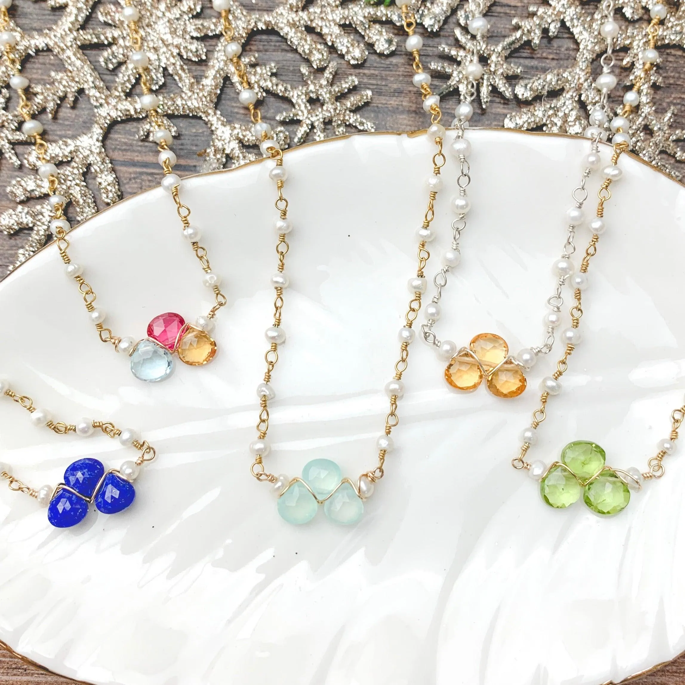 Mini Katie Tri-Gem Necklace on Pearls