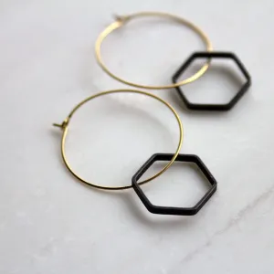 Minimalist Black and Gold Hexagon Earrings