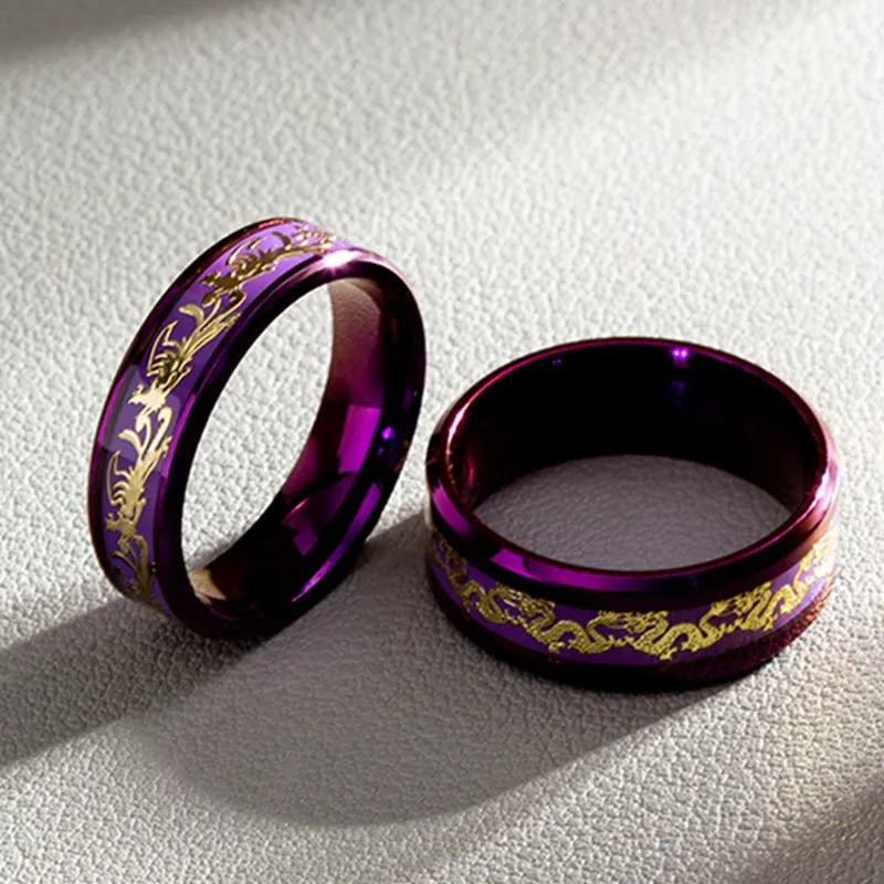 Mystical Dragon and Phoenix Purple Titanium Steel Couple Rings