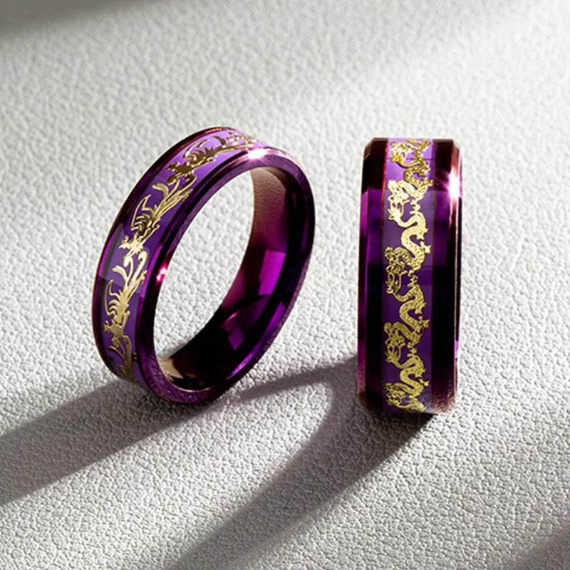 Mystical Dragon and Phoenix Purple Titanium Steel Couple Rings