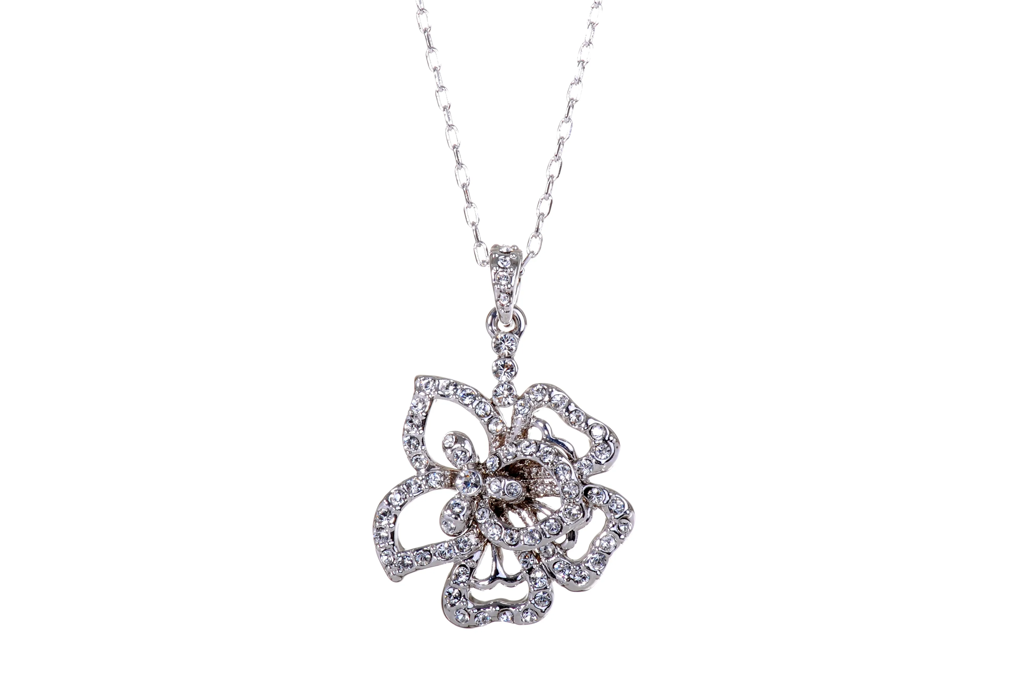 N7111 Flower Swarovski Elements Crystal Pendant Necklace in Rhodium Plating