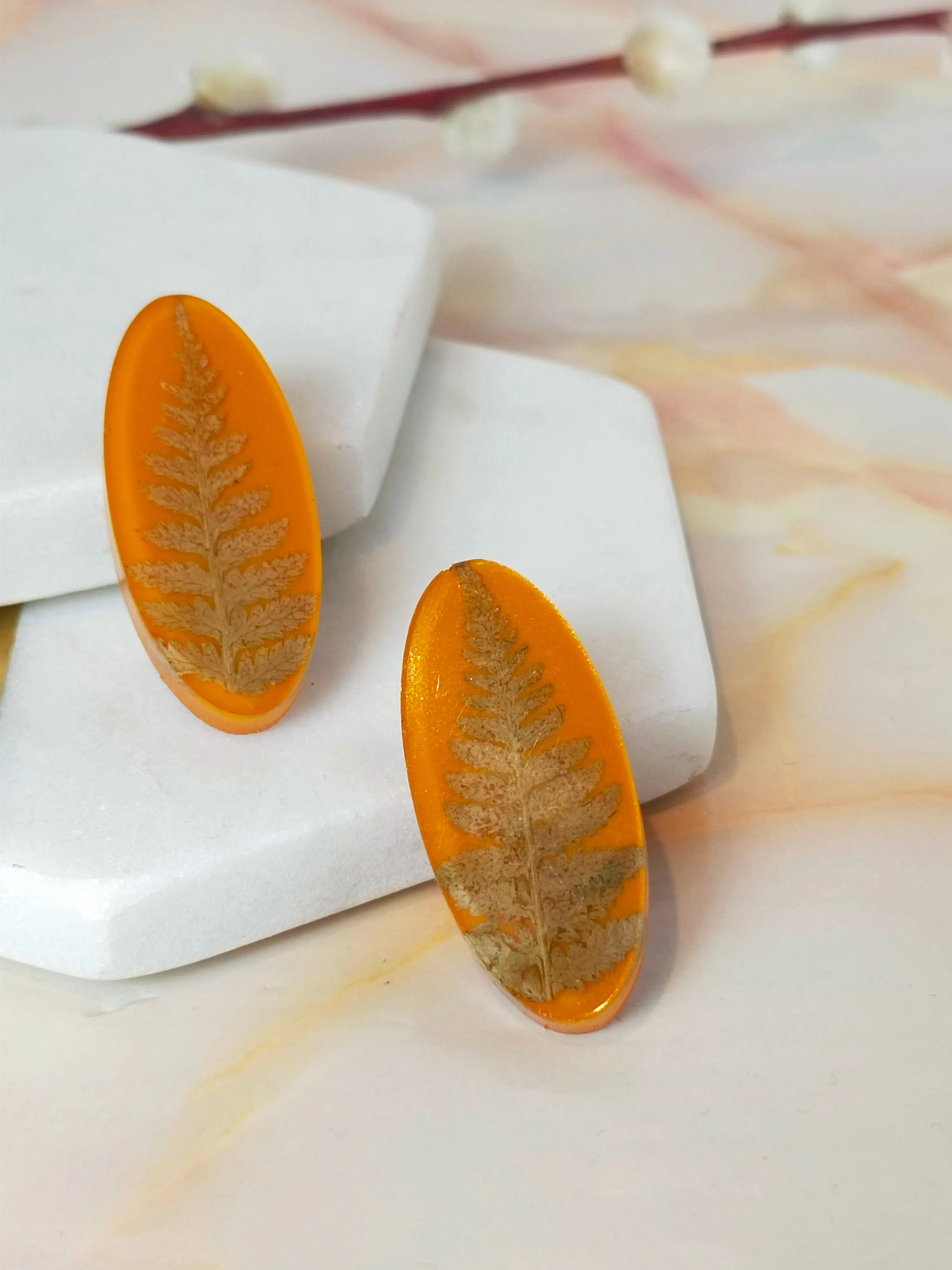 "Khloe" Fern Real Leaves on Pumpkin Oval Studs