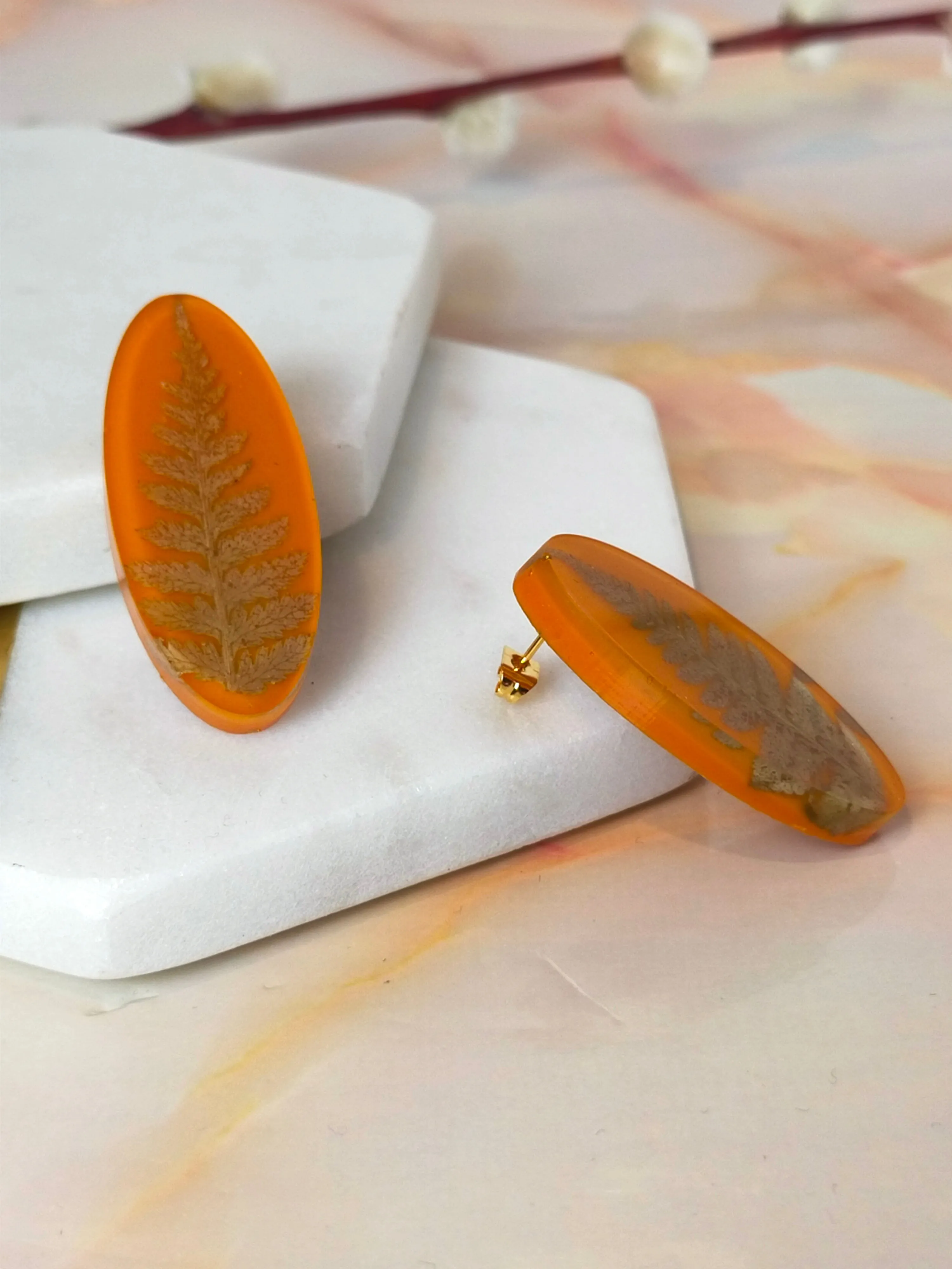 "Khloe" Fern Real Leaves on Pumpkin Oval Studs